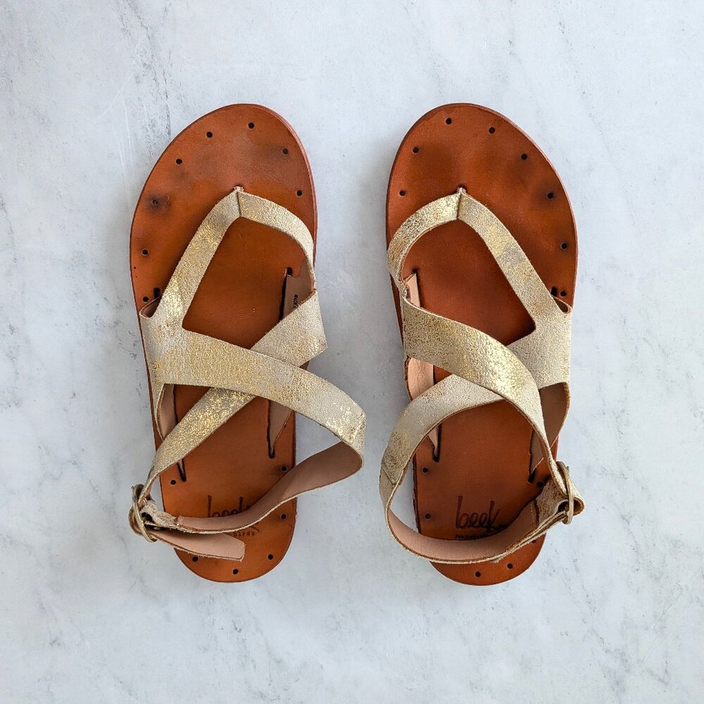 Beek Ankle Cross Wrap Arch Support Distressed Gold Leather Sandals 8